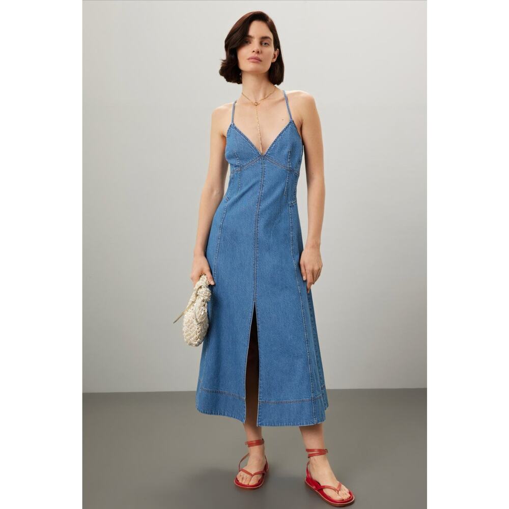 Tanya Taylor Hendrix Dress Dark Denim Halter V-Neck Midi Slip Dress Size 14